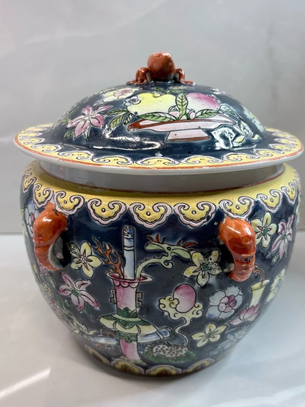 Vintage Chinoiserie Porcelain Ginger Jar Cobalt Blue Floral Lidded Jar